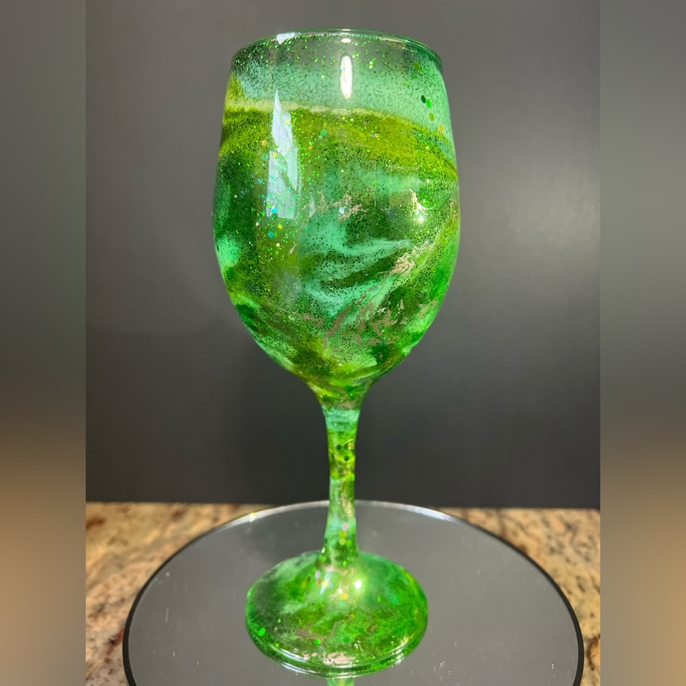 Handcrafted “Green Galore ” Custom Large Wine Glass. 20 oz